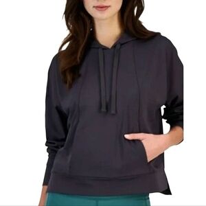 IDEOLOGY Gray Stretchy Cropped Hoodie Kangaroo Pocket High Low Side Slits NWT